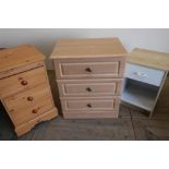Pine laminate three drawer chest, another modern three drawer chest and another single door laminate