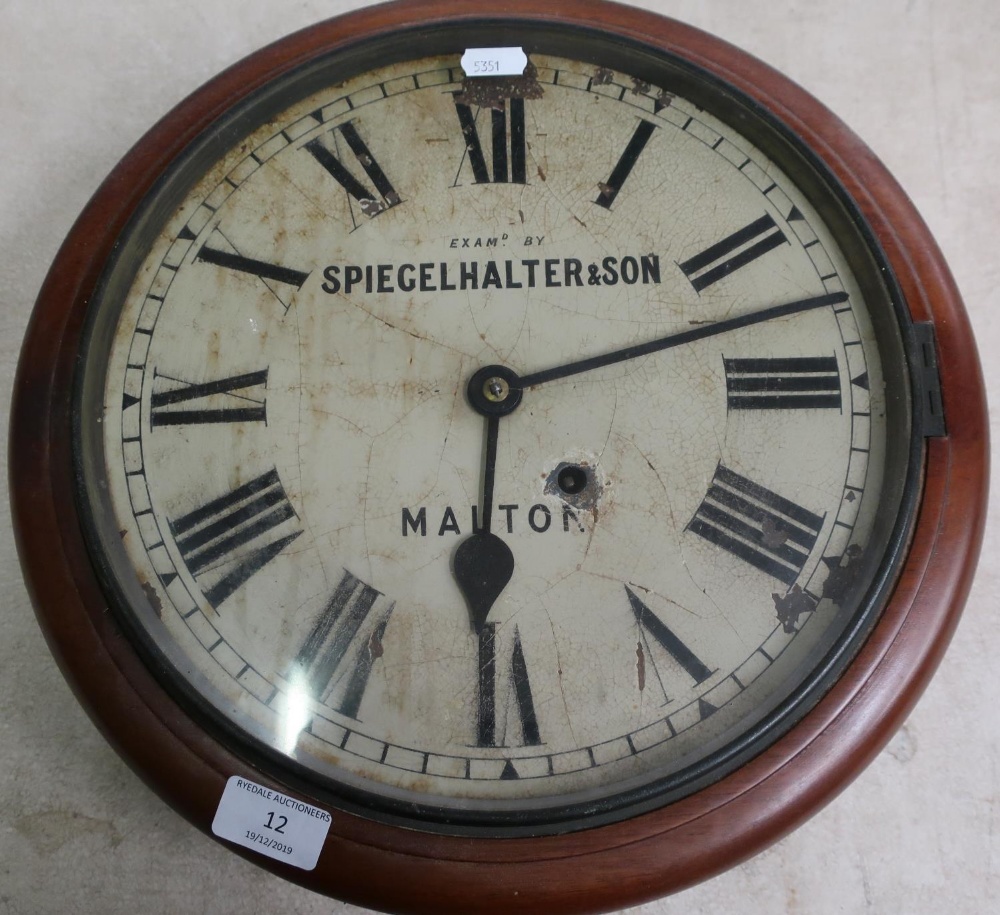 Mahogany cased wall clock, the dial marked Examd. by Spiegelhalter & Son, Malton (overall diameter