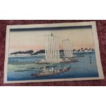 Unframed Japanese print of boats returning to Gyotoko (c.1838) with signature panel translated to