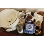 Quantity of various decorative ceramics including large slop pail, Clarkes Patent pyramid night