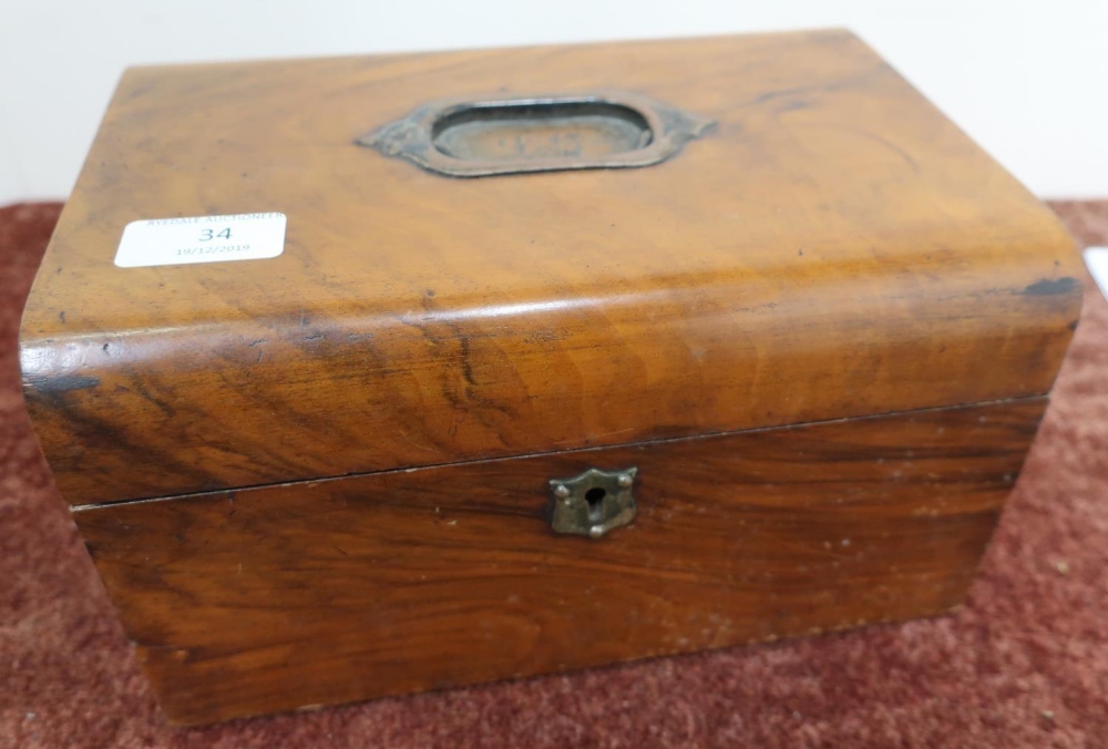 19th C walnut box with inset handle and hinged lift off lid, revealing internal lift out tray (