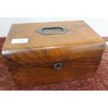 19th C walnut box with inset handle and hinged lift off lid, revealing internal lift out tray (