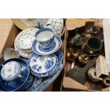 Large selection of blue & white ceramics, brass ware, glass decanter, small wall mounted barometer