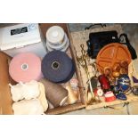 Brass fire companion and stand, a selection of wool and other miscellaneous items in one box