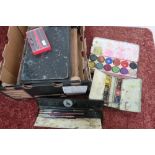 Box containing a quantity of various vintage artist materials, japed metal paint tins, boxes etc