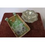 Silver plated tazza, a selection of various glassware, dressing table set, salts etc