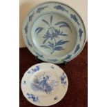 Blue & white continental oriental style side plate and another with a border of fish and central