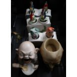 Three late 19th C nodding novelty salt & peppers, a jaw nodding monk and a Japanese jaw nodding