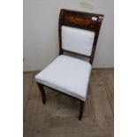 Mahogany Italian style marquetry inlaid dining chair with upholstered seat and back and inlaid panel