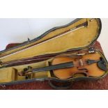 Cased violin with three assorted bows with Mother of Pearl inlay (one marked Germany)