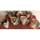 Collection of seven character jugs, six Royal Doulton including Robinson Crusoe, The Poacher,