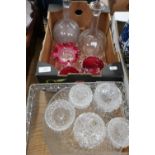 Pair of glass decanters, various cranberry glass dishes, dressing table set and a cut glass bowl