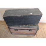 Vintage canvas wooden bound flat top travelling trunk and a stained pine tool type chest (2)