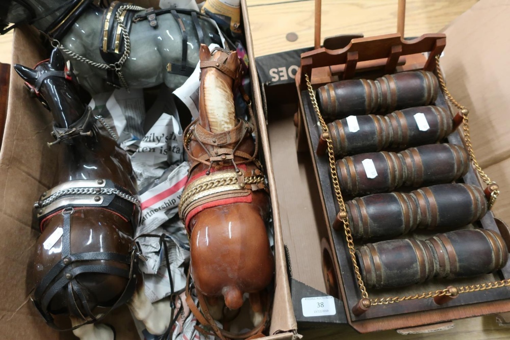 Three large ceramic heavy horses, and one wooden brewery cart (4)