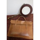 Brass framed adjustable height mirror (lacking base) and a leather satchel containing a quantity