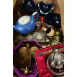 Three art glass ashtrays and a selection of other decorative items in one box