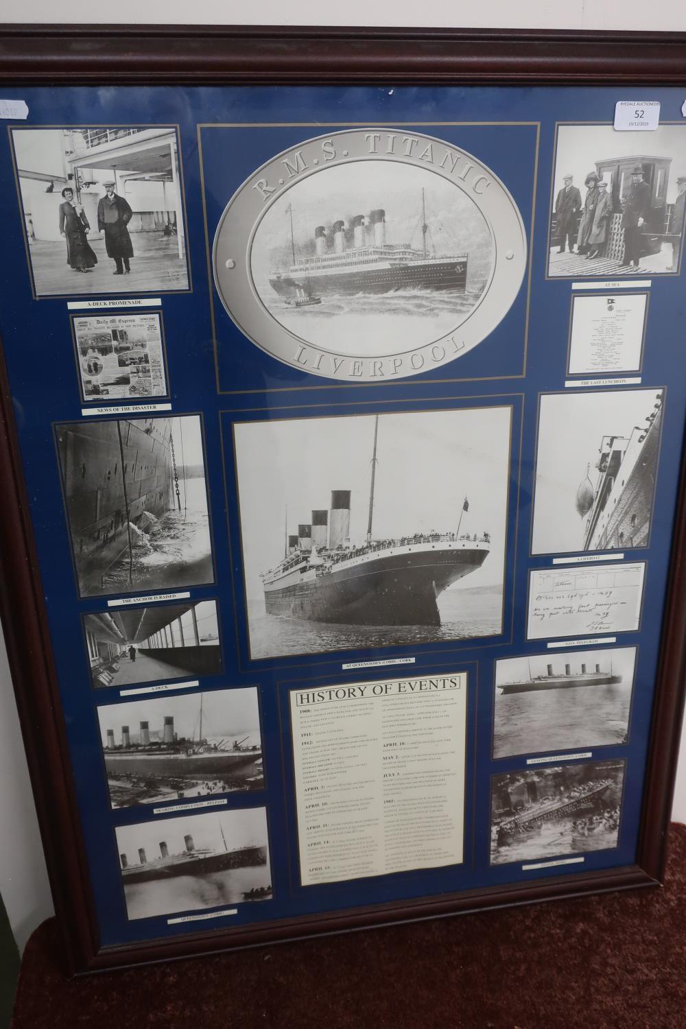 Framed montage of photographs complete with descriptions relating to the RMS Titanic Liverpool