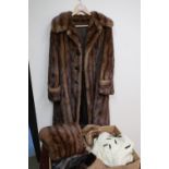 Vintage ladies full length fur coat, matching muff, selection of ladies fur hats, shrugs etc