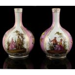 A pair of late 19th / early 20th century Dresden style porcelain bottle vases, decorated with