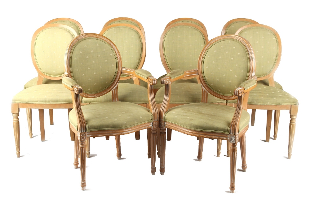 Property of a gentleman - a set of ten Louis XVI style limed wood & pale green upholstered dining