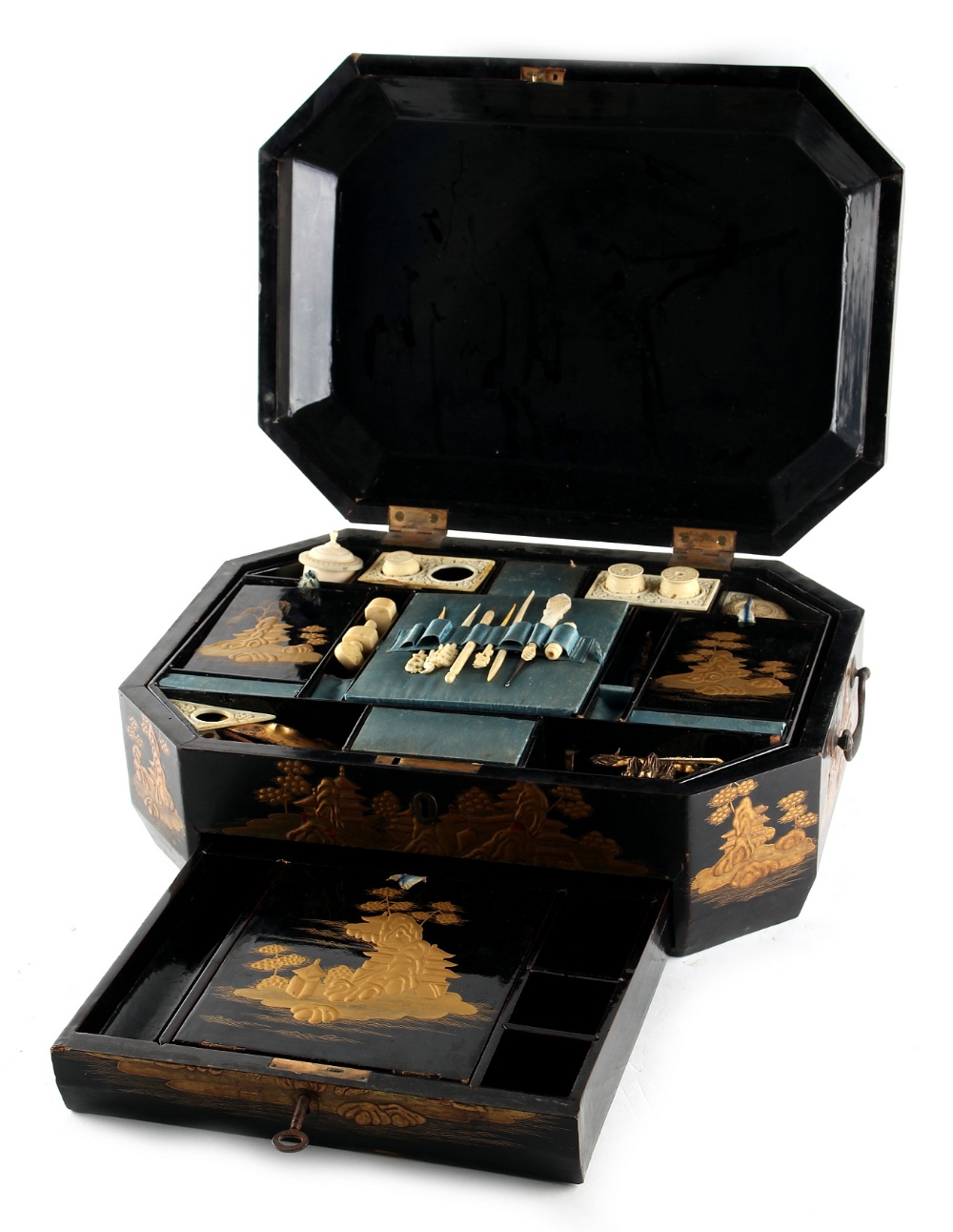 Property of a lady - a mid 19th century Chinese exportware black lacquer sewing box with gilt