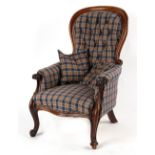 Property of a deceased estate - a Victorian carved mahogany & check upholstered spoon-back armchair,