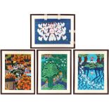 A set of four Chinese Cultural Revolution period gouache paintings on paper, two with calligraphy,