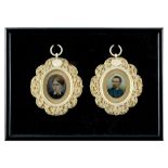 A pair of late 19th century carved ivory framed portrait miniatures depicting a lady and