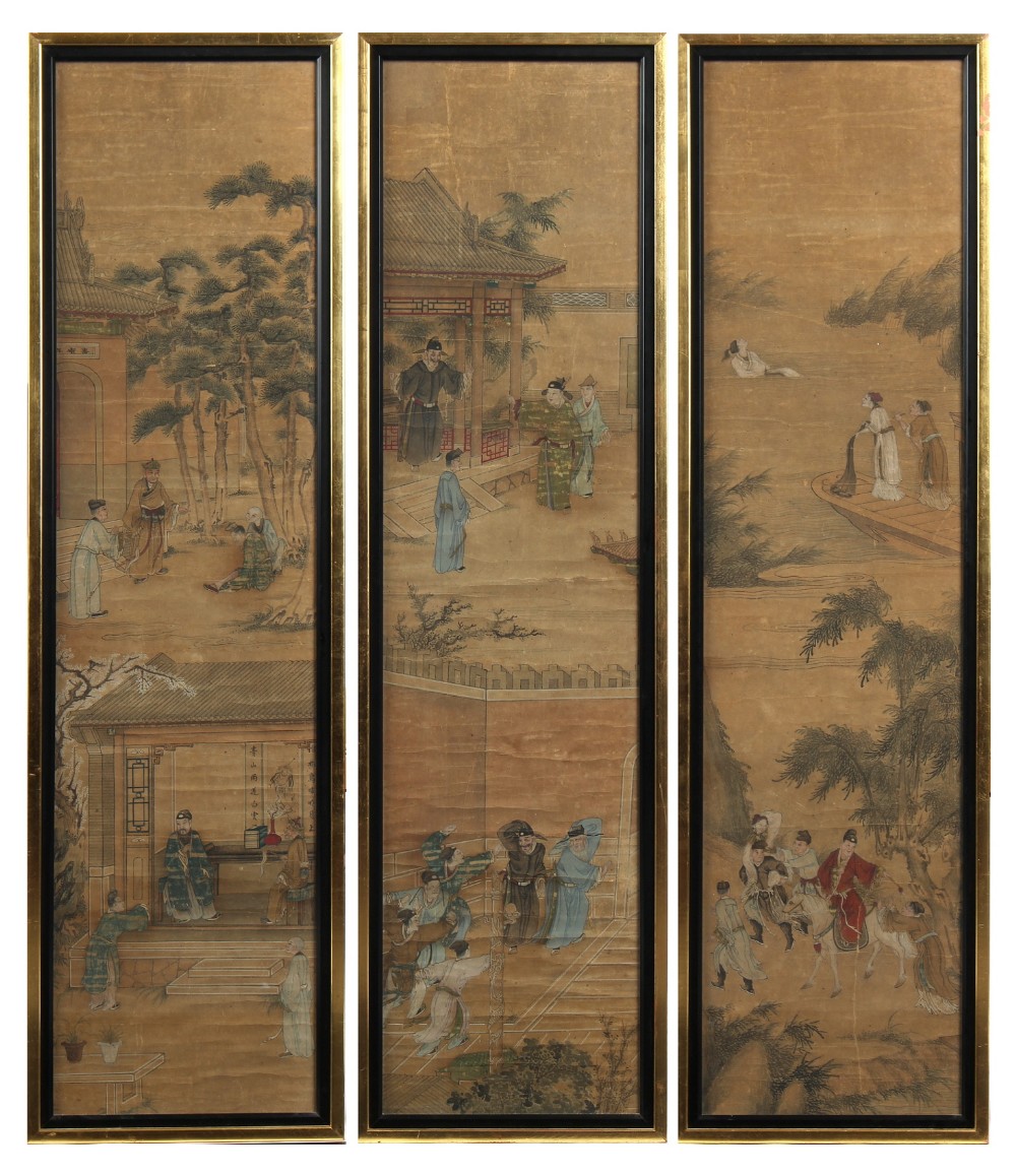 A set of three 19th century Chinese paintings on paper depicting dignitaries & attendants on