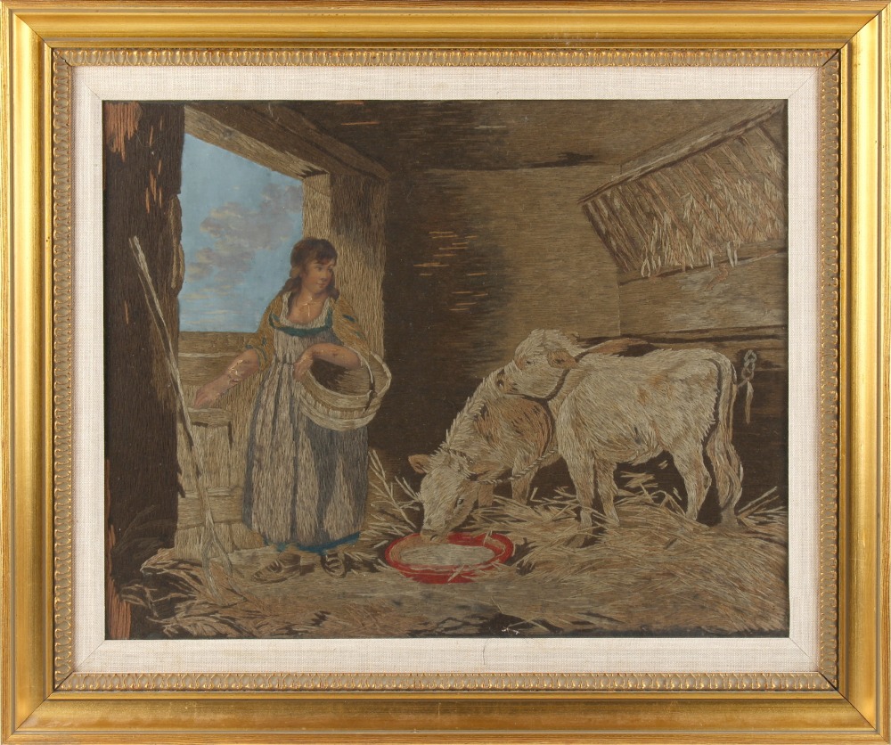 Property of a deceased estate - a silk work picture depicting a maiden & two calves in a stable,