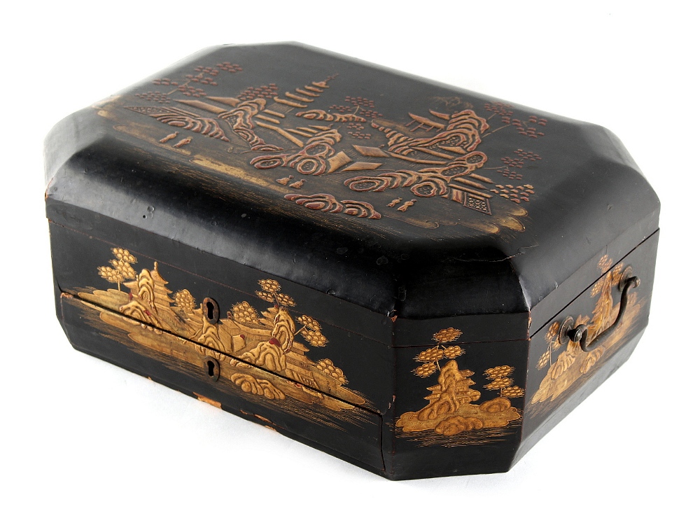Property of a lady - a mid 19th century Chinese exportware black lacquer sewing box with gilt - Image 2 of 2