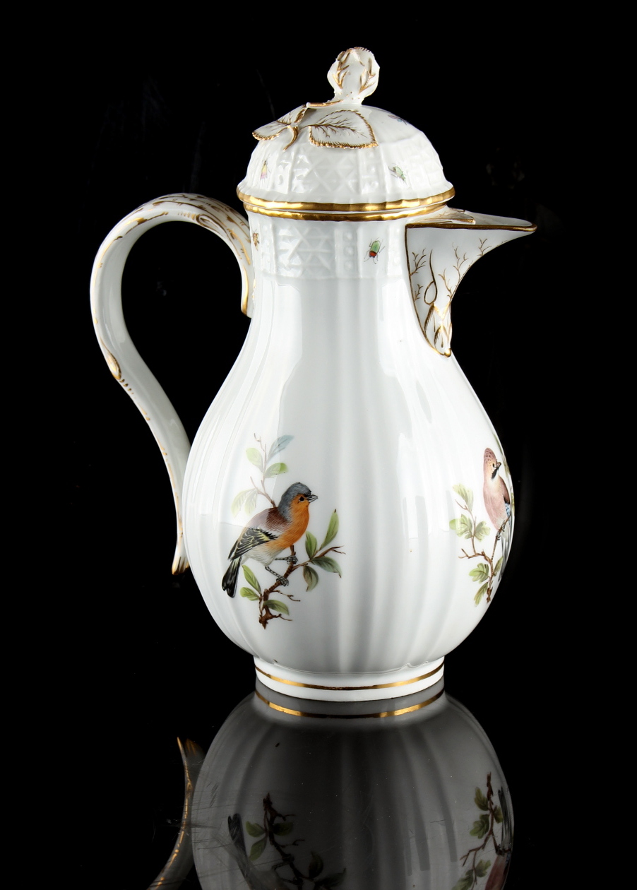 Property of a deceased estate - a 19th century Meissen ornithological coffee pot, painted with