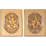 Property of a gentleman - a pair of dried flower collages, each depicting flowers in a vase, in gilt