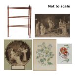 Property of a deceased estate - a mahogany two-fold towel rail; together with four assorted framed &