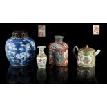 A group of four Chinese ceramics, 18th & 19th century, comprising a mandarin pattern tea caddy, a
