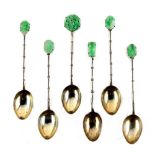 Property of a lady - six Chinese silver teaspoons with simulated bamboo stems & carved jadeite