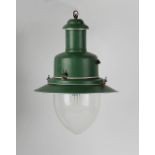 Property of a gentleman - a green painted metal ceiling light or lantern, with glass shade,