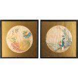 Two Chinese paintings on round silk panels, late 19th century, one depicting a lady standing by a