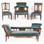 Property of a lady - an Edwardian rosewood & marquetry inlaid blue upholstered salon suite (4) (