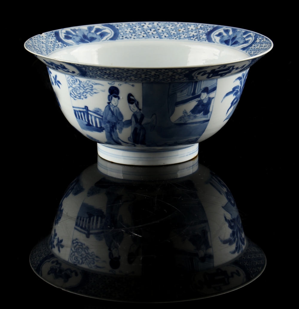 Property of a deceased estate - a Chinese blue & white klapmuts bowl, painted with alternating