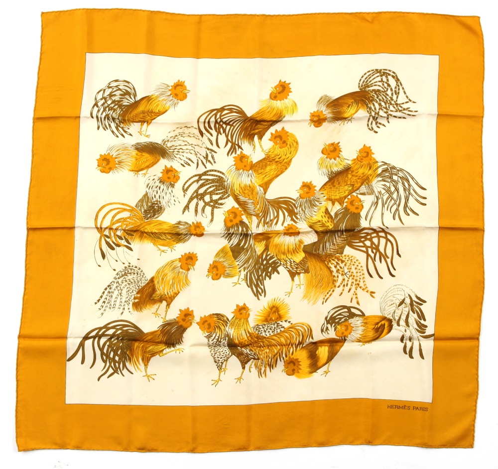 Property of a deceased estate - a Hermes silk scarf - 'Jeunes Coqs', designed by Madame La Torre (