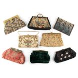 A private collection of handbags from a deceased estate - a green velvet clutch bag with yellow