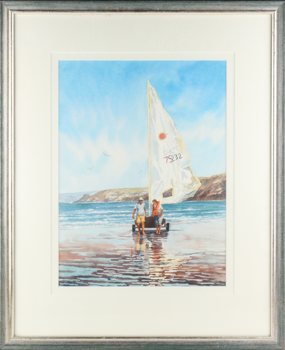 Property of a lady - Jan Gregson (b.1949) - LANDING THE DINGHY - watercolour, 17.2 by 12.7ins. (43.7