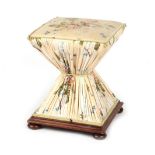 Property of a lady - a mahogany & floral upholstered dressing stool of waisted form, on bun feet (