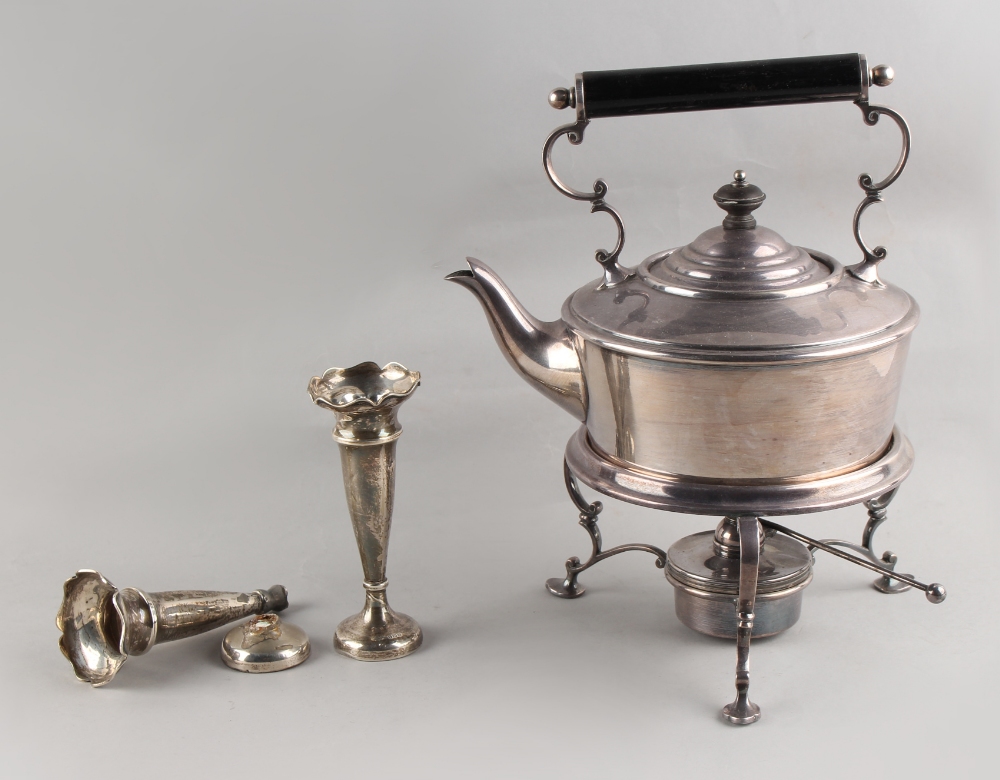 Property of a lady - an Edwardian silver plated kettle on stand with burner; together with a small