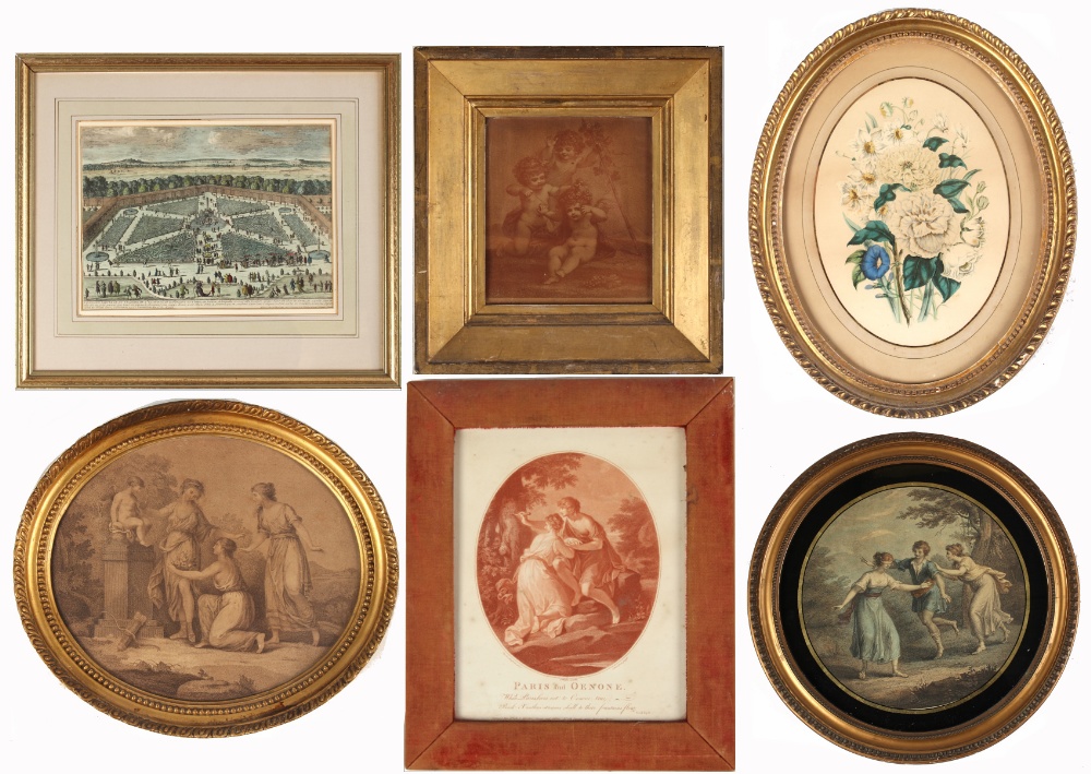 Property of a lady - six decorative prints, all 18th or 19th century, the largest 15.1 by 17.