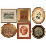 Property of a lady - six decorative prints, all 18th or 19th century, the largest 15.1 by 17.