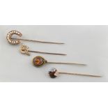 Property of a lady - a horseshoe stickpin set with pearls & diamonds; together with a horseshoe &