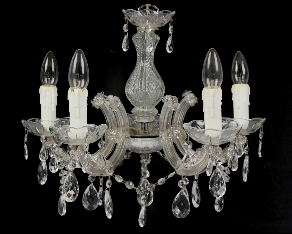 Property of a lady - a clear glass five light chandelier or electrolier, 14ins. (35.5cms.) high (