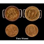 Property of a gentleman - gold coins - a George V 1913 gold full sovereign, mounted in an unmarked
